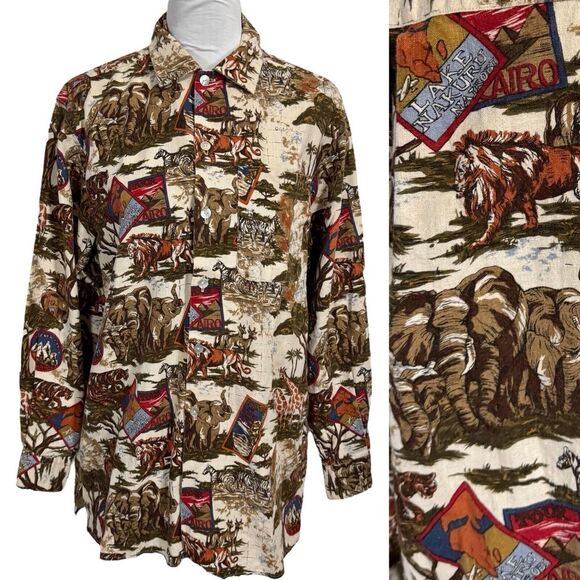 Vintage Ruff‎ Hewn Button Down Shirt Size M Linen Blend African Safari Print EUC - Picture 1 of 16